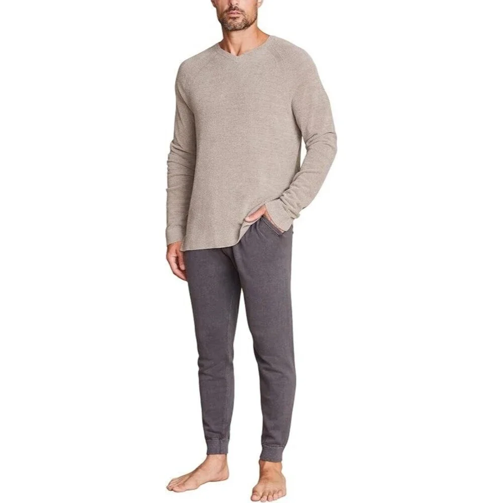 Barefoot Dreams CozyChic Ultra Lite Men's V-Neck Pullover M Taupe Beige Sweater